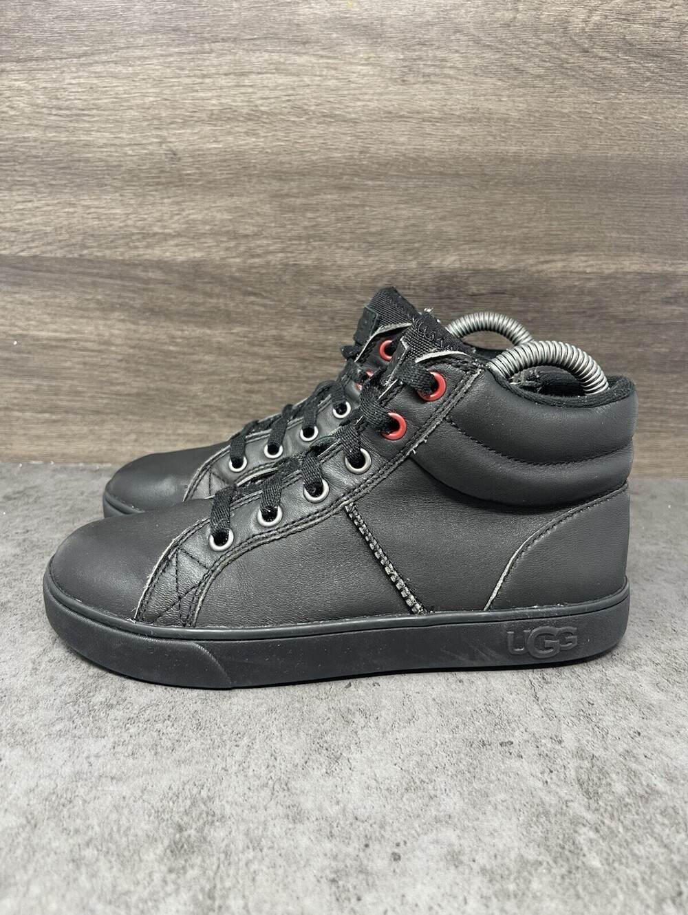 UGG Kids High Top Size 3 Black Leather Red Eyelets Casual Sneakers Shoes